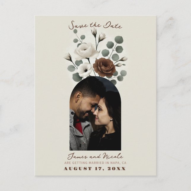 Cartão Postal De Anúncio Creme de Mocha Branco Floral Moderno Salvar a Data (Frente)