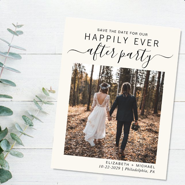 Cartão Postal De Anúncio Creme de Recepção de casamento de Fotografia Salva (A stylish save the date announcement for a reception to celebrate your elopement or private wedding)