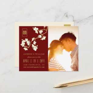 Cartão Postal De Anúncio Creme Flor de Pessegueiro Casamento Chinês Salve a