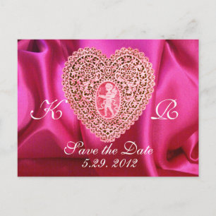 Cartão Postal De Anúncio CUPIDO RENDADO CORAÇÃO SEDA FUCHSIA TECIDO, Rosa V