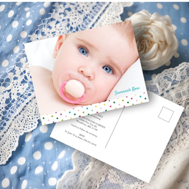 Cartão Postal De Anúncio Custom Baby Photo Polka Dots Naming Ceremony (Custom Baby Photo Polka Dots Naming Ceremony Announcement Postcard.)