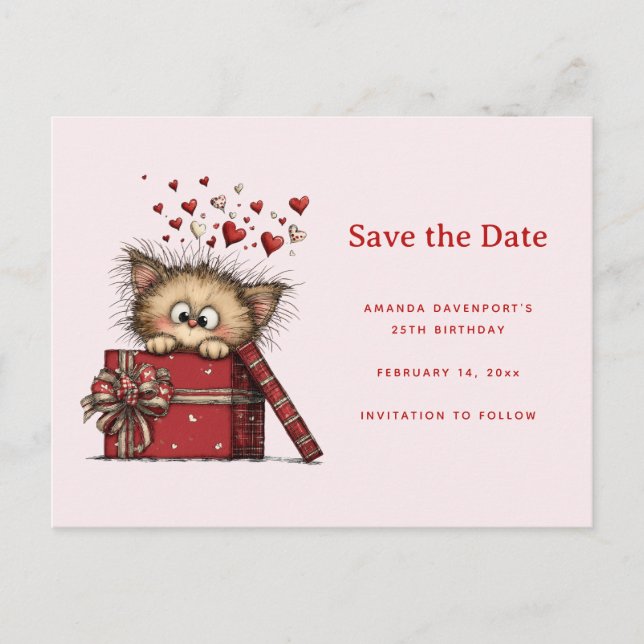 Cartão Postal De Anúncio Cute Cartoon Kitten in a Box with Hearts (Frente)