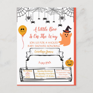 Cartão Postal De Anúncio Cute Ghost Halloween Baby Shower Laranja Little Bo