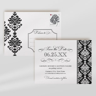 Cartão Postal De Anúncio Damasco Elegante Preto e Branco Salvar a Data