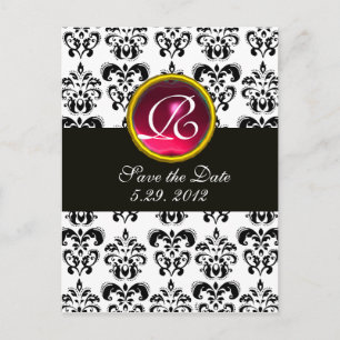 Cartão Postal De Anúncio DAMASCO PRETO E BRANCO Monograma Rosa Vermelho Rub