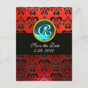 Cartão Postal De Anúncio Damasco VERMELHO E PRETO Monograma com JOIA AZUL