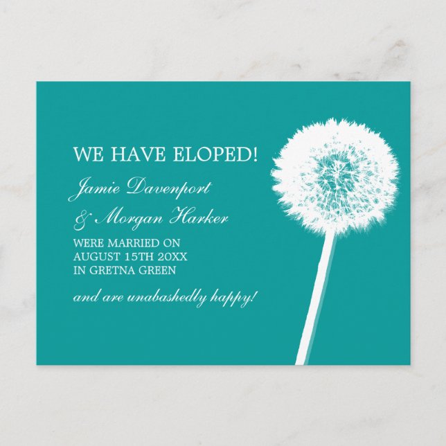 Cartão Postal De Anúncio Dandelion White e Teal Elopement (Frente)