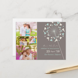 Cartão Postal De Anúncio Dandelions Aqua Corações de Amor 4 Salvar Data da