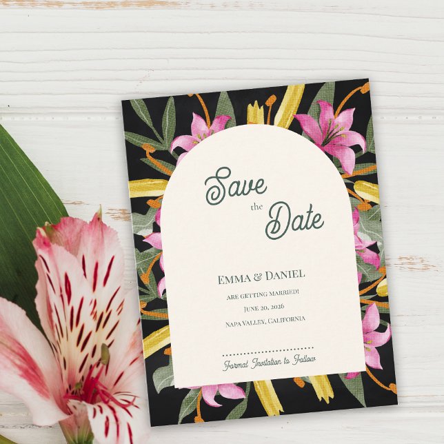 Cartão Postal De Anúncio Dark Blush Pink Lily Arched Save the Date (Dark Blush Pink Lily Arched Save the Date | Botanical Floral Arch Evening Wedding Announcement)