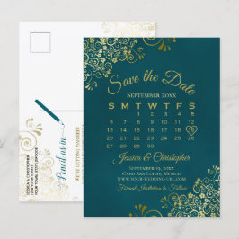 Cartão Postal De Anúncio Dark Teal & Gold Wedding Save the Date Calendar