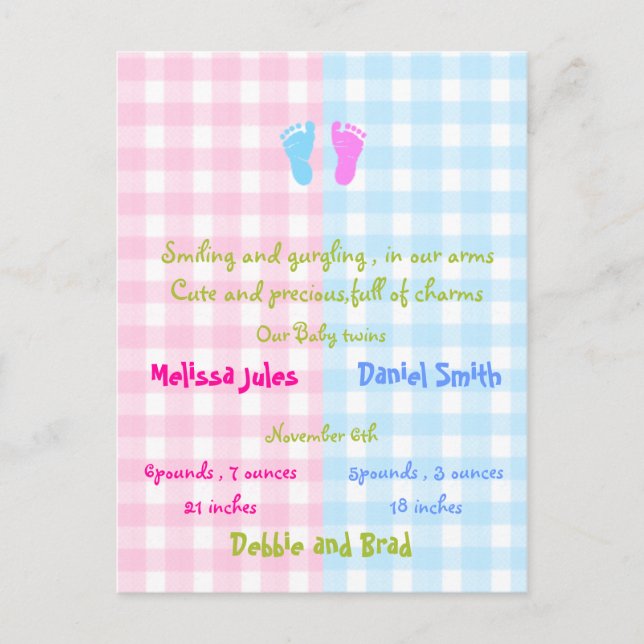 cartão postal de anúncio de bebê - gêmeos (Frente)