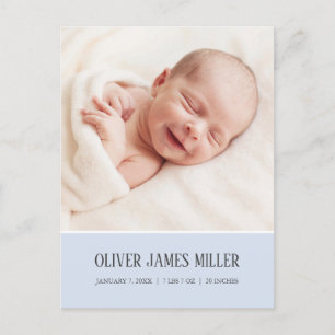 Cartão-postal de anúncio de nascimento azul de p