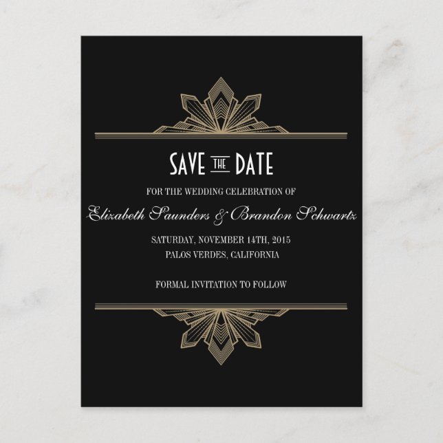 Cartão Postal De Anúncio Deco Antigo Preto e Dourado Salve a Data (Frente)