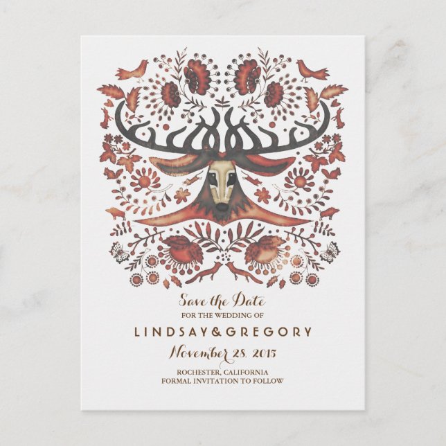 Cartão Postal De Anúncio Deer Rustic Woodland Animais Salvem a Data (Frente)