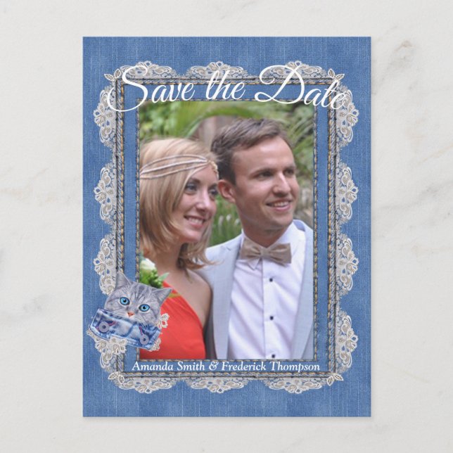 Cartão Postal De Anúncio Denim com creme Flor e um Kitten (Frente)