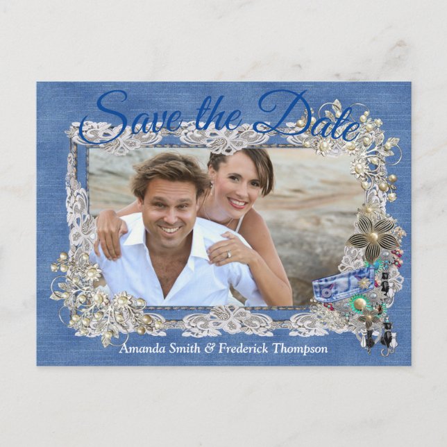 Cartão Postal De Anúncio Denim com creme Flor Lace e Costume Jewelry (Frente)