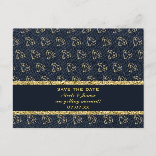 Cartão Postal De Anúncio Denim & Diamonds Dourado & Azul Glam Save The Date (Frente)