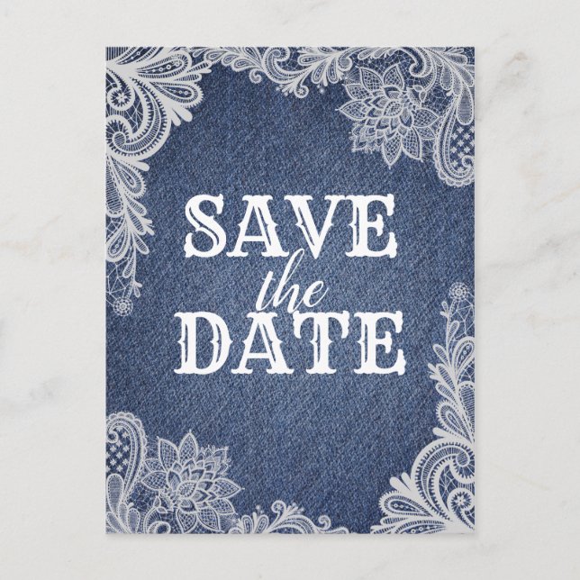 Cartão Postal De Anúncio Denim e renda floral branca Save The Date elegante (Frente)