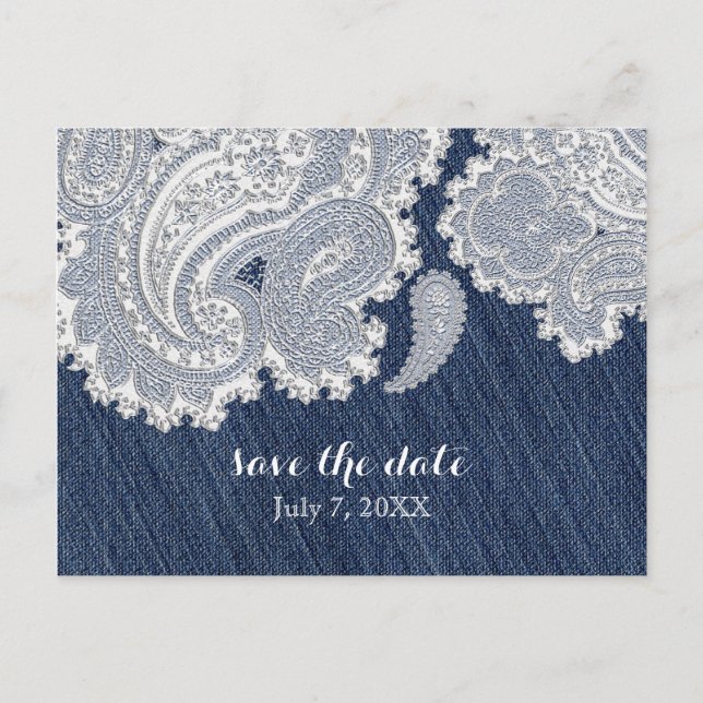 Cartão Postal De Anúncio Denim Jean & White Lace Elegant Bridal Casamento (Frente)