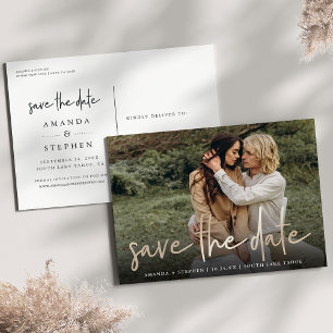 Cartão Postal De Anúncio Desenho Casual Dourado Foto de casamento Salvar a