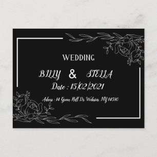Cartão Postal De Anúncio Desenho floral preto e branco para casamento