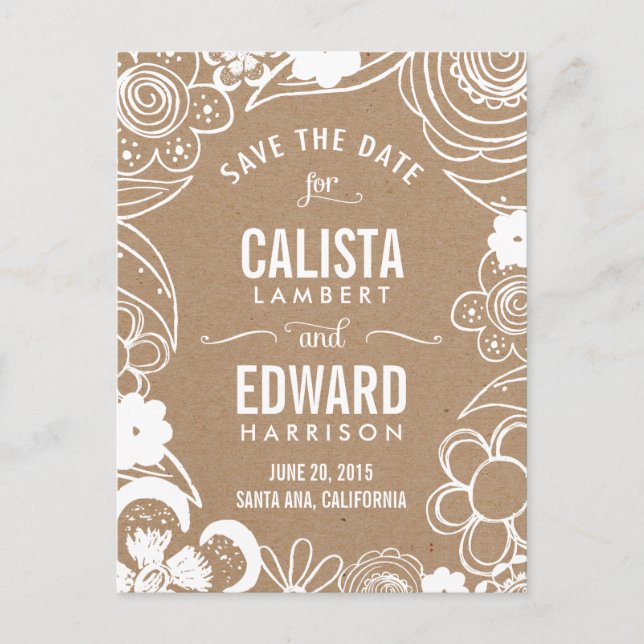 Cartão Postal De Anúncio Desenho Floral Salvar A Data - Artesanato (Frente)