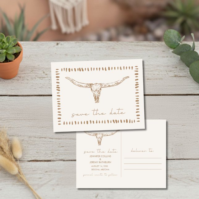 Cartão Postal De Anúncio Desert Boho Cow Skull Wedding Save the Date (Desert Boho Cow Skull Wedding Save the Date)