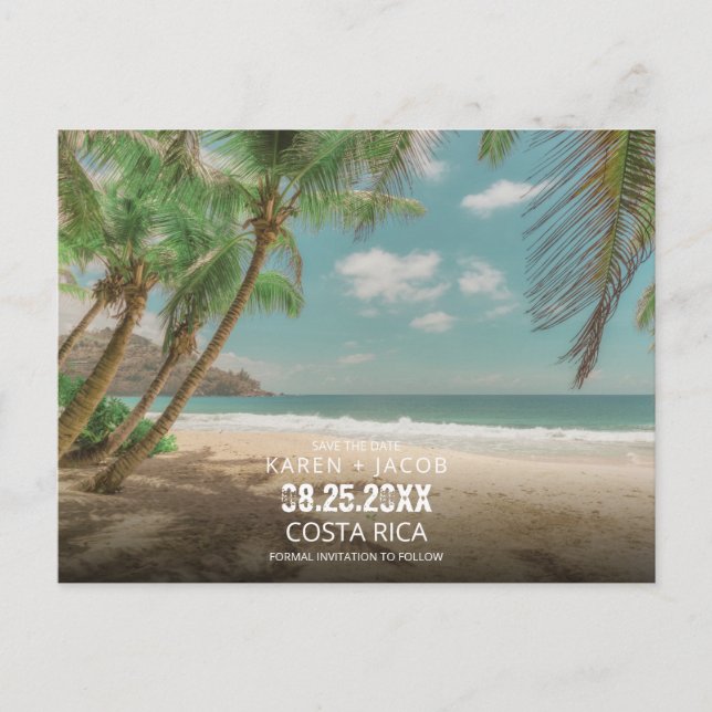 Cartão Postal De Anúncio Destination Wedding Tropical Beach Save the Date  (Frente)