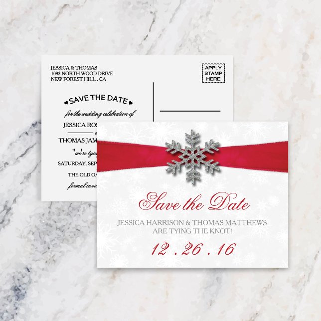 Cartão Postal De Anúncio Diamante Snowflake e Casamento no inverno Red Ribb (Criador carregado)