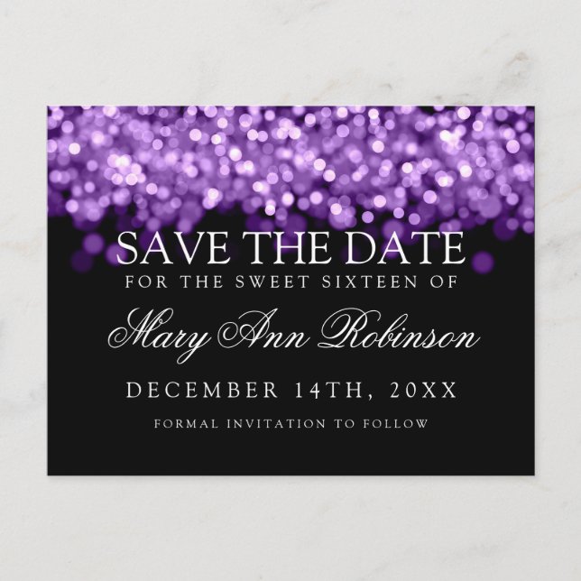 Cartão Postal De Anúncio Doce 16 Anos Salve A Data Luzes Roxas Brilhantes (Frente)