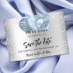 Cartão Postal De Anúncio Doce 16 balões azuis prateados salvam a data<br><div class="desc">Uma garota e moda Salve o cartão de data para uma doce festa de aniversário 16, 16. Um fundo com aspecto fino prateado decorado com pó falso prateado brilhante e balões azuis. Personalize e adicione uma data e nome/idade. O texto: Salvar a Data é gravado com um script de estilo...</div>