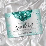 Cartão Postal De Anúncio Doce 16 balões verdes de cereais prateados salvam<br><div class="desc">Uma moça e moda Salvem a data para uma doce festa de aniversário 16, 16. Um fundo com aparência de prata falsa, decorado com brilho verde, faíscas e balões. Personalize e adicione uma data e nome/idade. O texto: Salvar a Data é gravado com um script de estilo com letra de...</div>