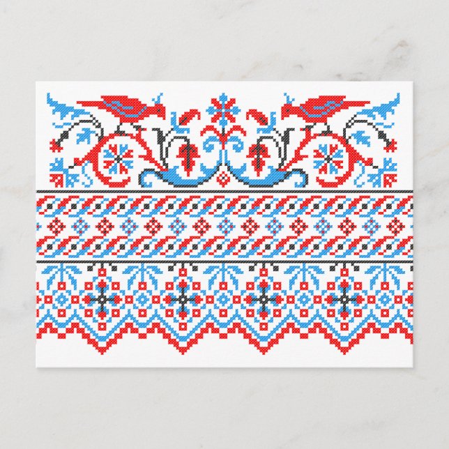 Cartão Postal De Anúncio Dois pássaros coloridos de bordado cruzado Noivado (Frente)