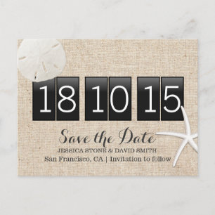 Cartão Postal De Anúncio Dólar de areia e Starfish Rustic Burlap Salve a da