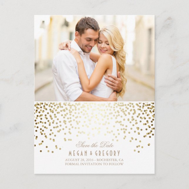 Cartão Postal De Anúncio Dourada Confetti White Elegant Foto Elegante Salva (Frente)