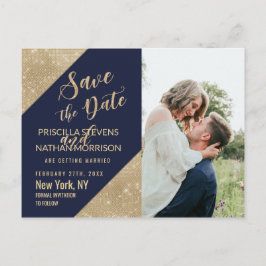 Cartão Postal De Anúncio Dourado Azul Marinho Lantejoulas Brilho Falso Save