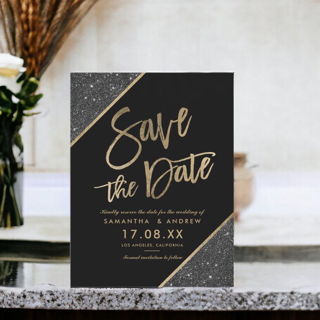 Cartão Postal De Anúncio Dourado brilho script preto salvar a data (Gold glitter script black save the date announcement postcard)