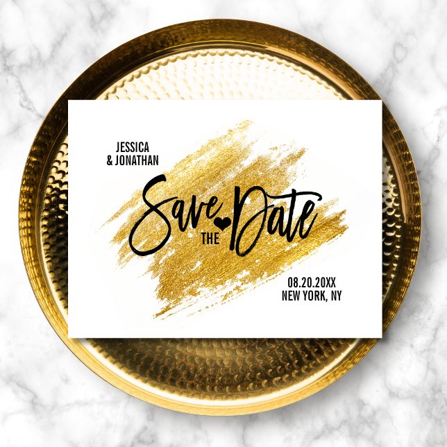 Cartão Postal De Anúncio Dourado Casamento Branco Moderno, SALVAR A DATA (Criador carregado)