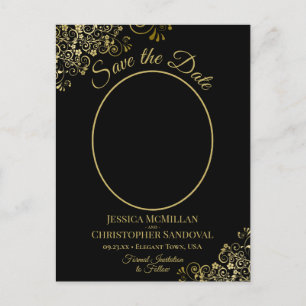 Cartão Postal De Anúncio Dourado Casamento Preto Salve a Foto Oval da Data