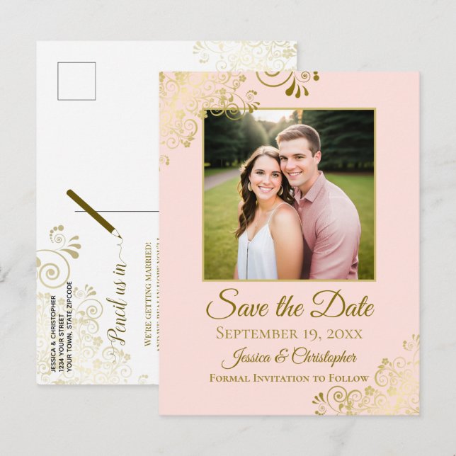 Cartão Postal De Anúncio Dourado com Babados Rosa Casamento Save the Date F (Frente/Verso)