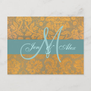 Cartão Postal De Anúncio Dourado Damask Save the Date Postcard Azul