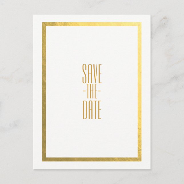 Cartão Postal De Anúncio Dourado Falso Branco Elegante Mínimo Salvar a Data (Frente)