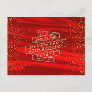 Cartão Postal De Anúncio Dourado Glamour Vermelho Salve a Data de Aniversár