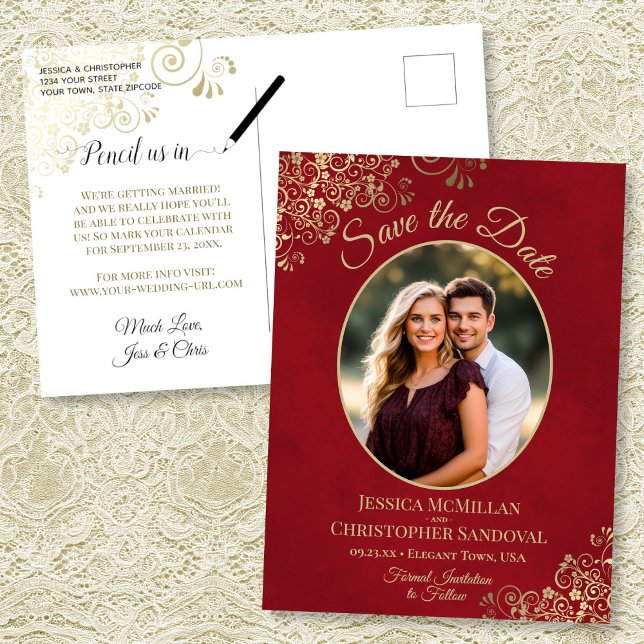 Cartão Postal De Anúncio Dourado local no casamento Vermelho Salvar a Foto  (Front/Back)