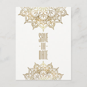 Cartão Postal De Anúncio Dourado Mandala & White Elegant Chic Salvar a Data