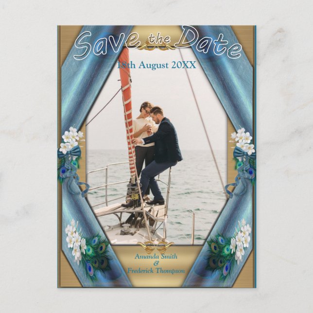 Cartão Postal De Anúncio Dourado, Penas Peacock na Emerald Green Silk (Frente)