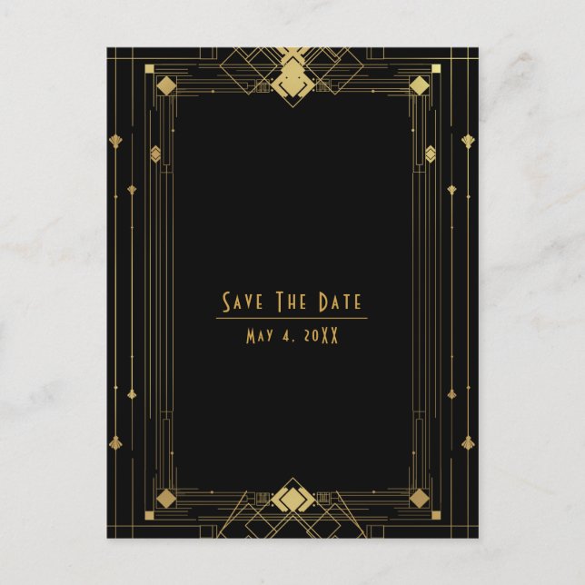 Cartão Postal De Anúncio Dourado Preto Deco Gatsby Rugindo 20's Salvar a Da (Frente)