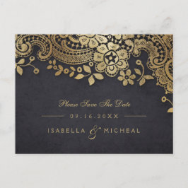 Cartão Postal De Anúncio Dourado preto elegante renda casamento salvar a da