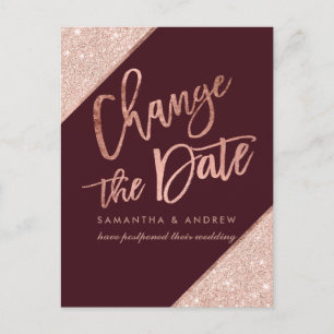 Cartão Postal De Anúncio Dourado rosa brilho script burgundy mudar a data