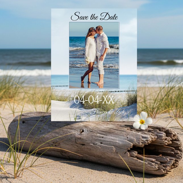 Cartão Postal De Anúncio Dunes and Beach Photo Save the Date Postcard (Save the Date postcard featuring your photo framed by an image of dunes overlooking a beach )